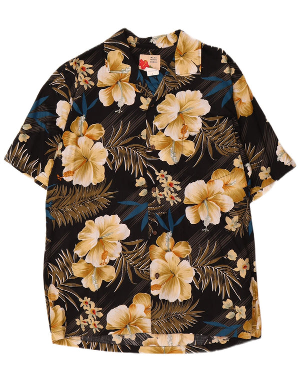 Vintage Mens Short Sleeve Shirt Large Black Floral Cotton Hawaiian