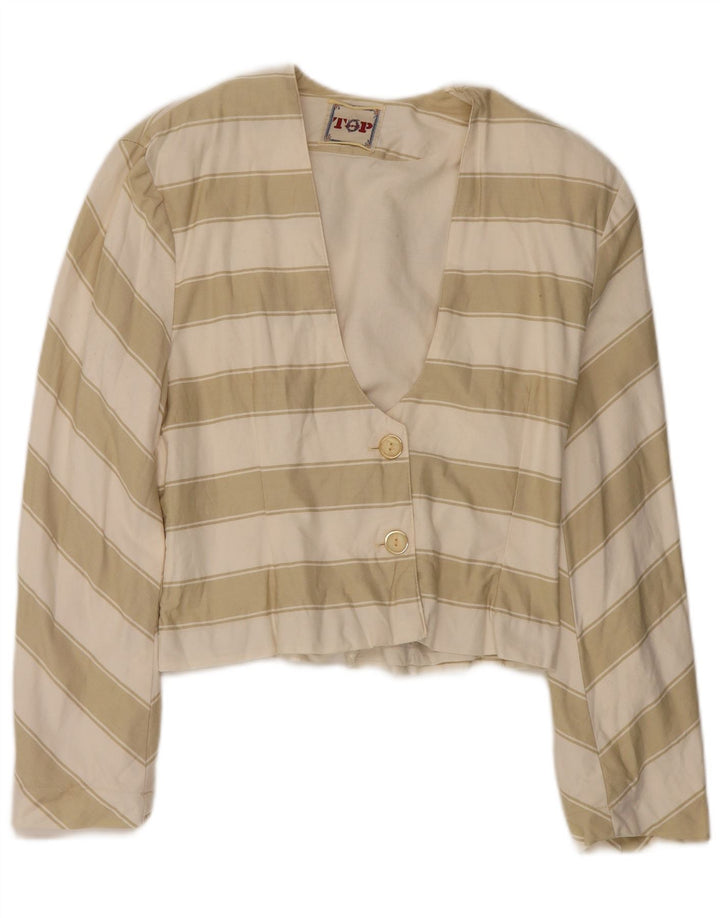 VINTAGE Womens 2 Button Blazer Jacket UK 10 Small Off White Striped Cotton