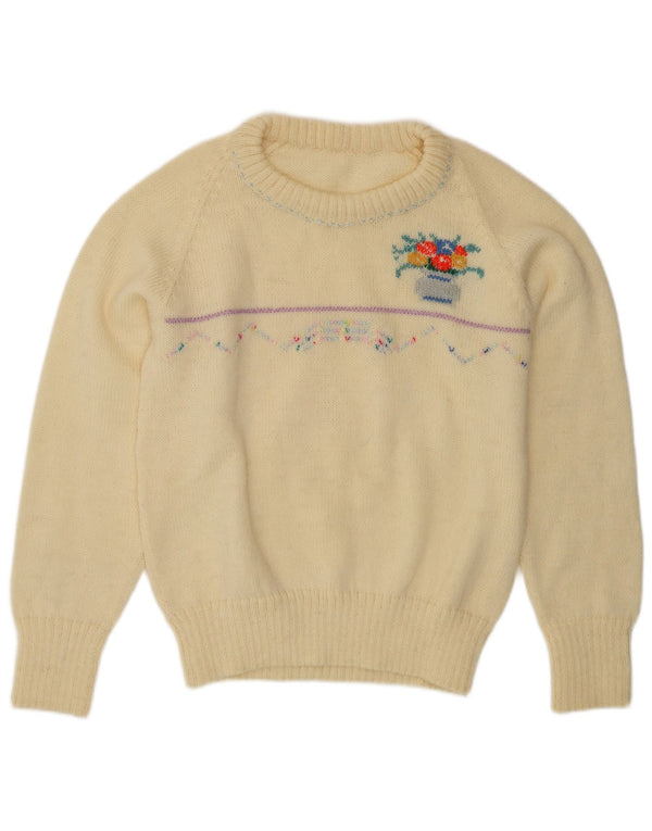 Vintage Womens Crew Neck Jumper Sweater UK 12 Medium Off White Floral