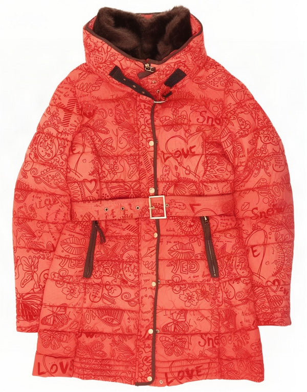 Desigual Womens Graphic Hooded Padded Coat EU 40 Medium Red Floral