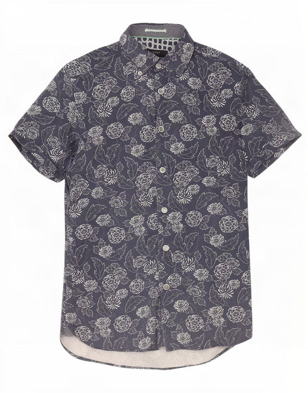 Ted Baker Mens Short Sleeve Shirt Size 2 Small Navy Blue Floral Cotton
