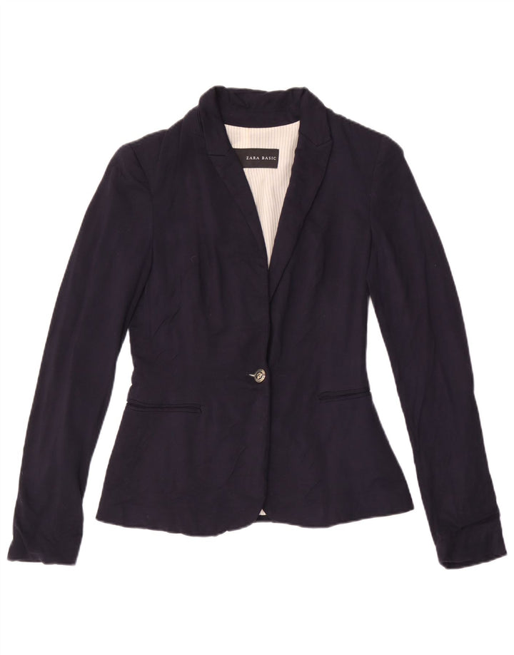 ZARA Womens 1 Button Blazer Jacket UK 6 XS Navy Blue Viscose