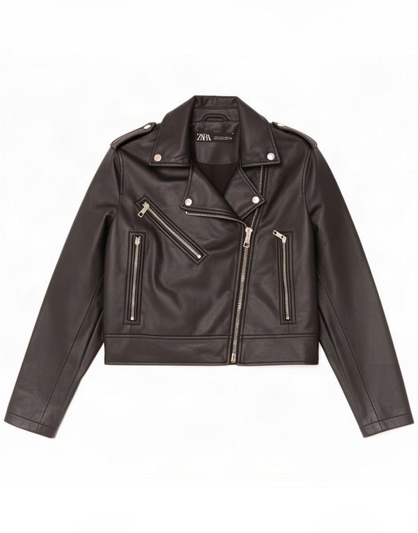 Zara Chaqueta Biker De Piel Sintética Mujer UK 44 Mediana Poliuretano Negro