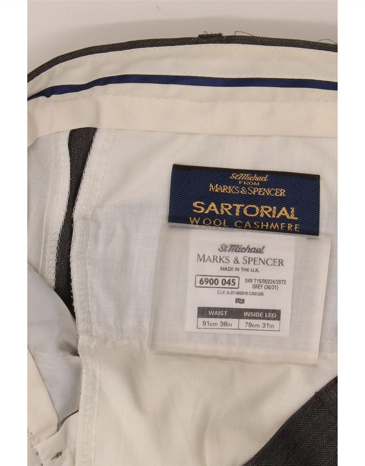 Marks & Spencer Mens Straight Suit Trousers W36 L31 Grey Herringbone Wool