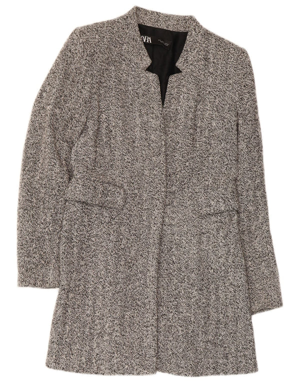 Zara Womens Open Overcoat UK 10 Small Grey Herringbone