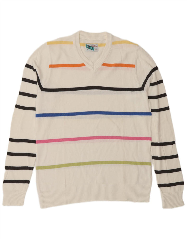 XDYE Mens V-Neck Jumper Sweater Medium White Striped