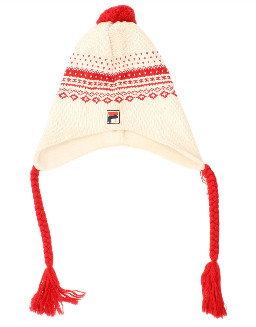 Fila Mens Ear Flap Knit Bobble Hat One Size Off White Fair Isle Virgin Wool