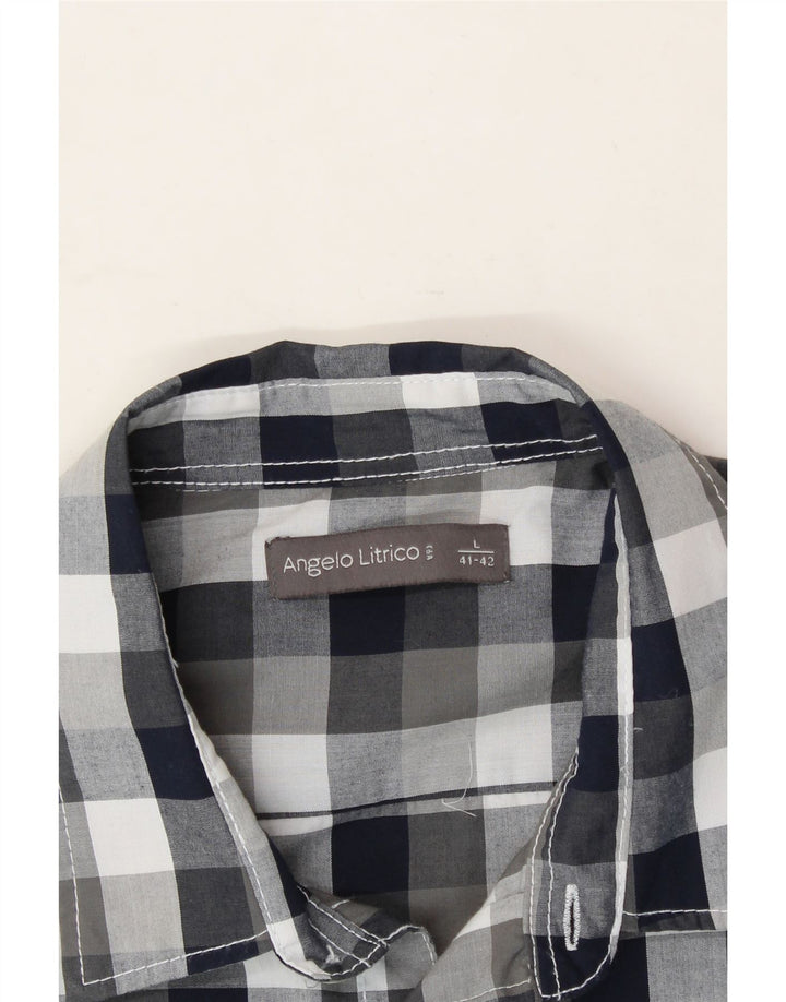 ANGELO LITRICO Mens Short Sleeve Shirt Size 41/42 Large Navy Blue Check Vintage Angelo Litrico and Second-Hand Angelo Litrico from Messina Hembry 