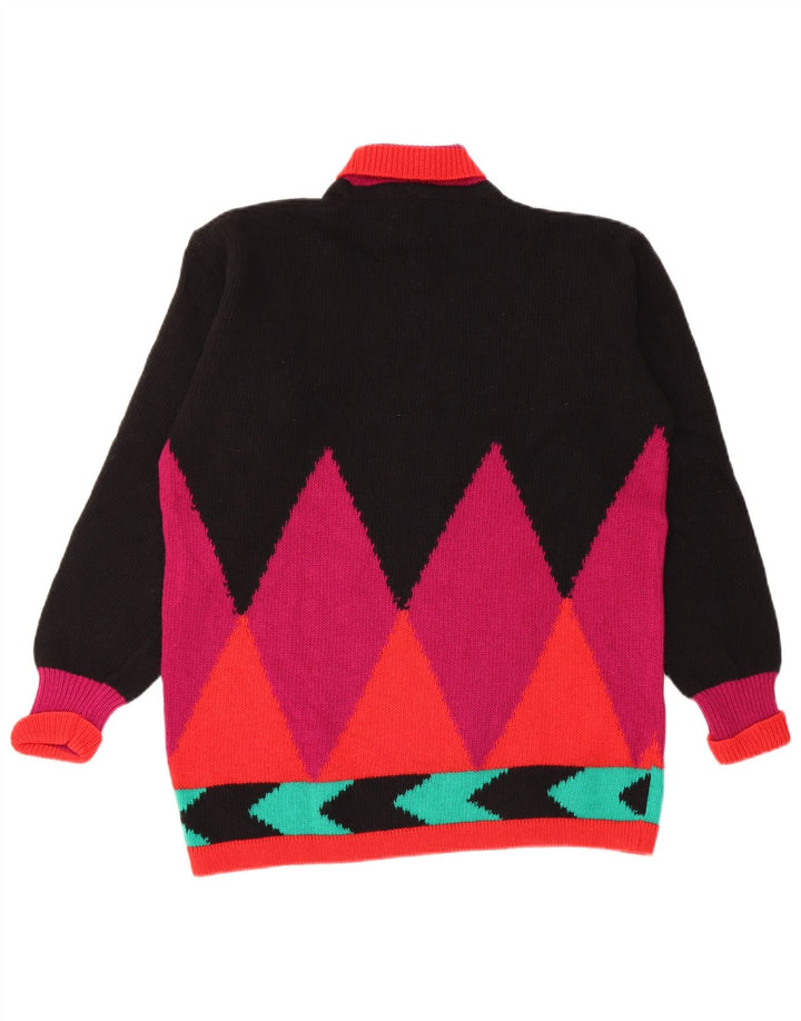Vintage Womens Roll Neck Jumper Sweater UK 12 Medium Black Argyle/Diamond