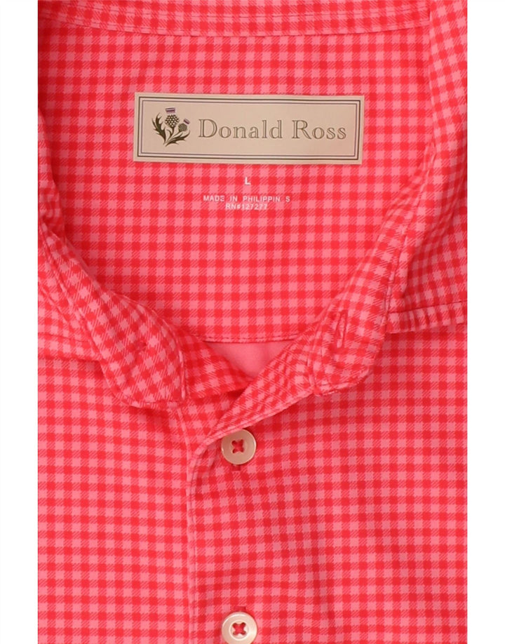 DONALD ROSS Mens Short Sleeve Pullover Shirt Large Pink Gingham Polyester Vintage Donald Ross and Second-Hand Donald Ross from Messina Hembry 