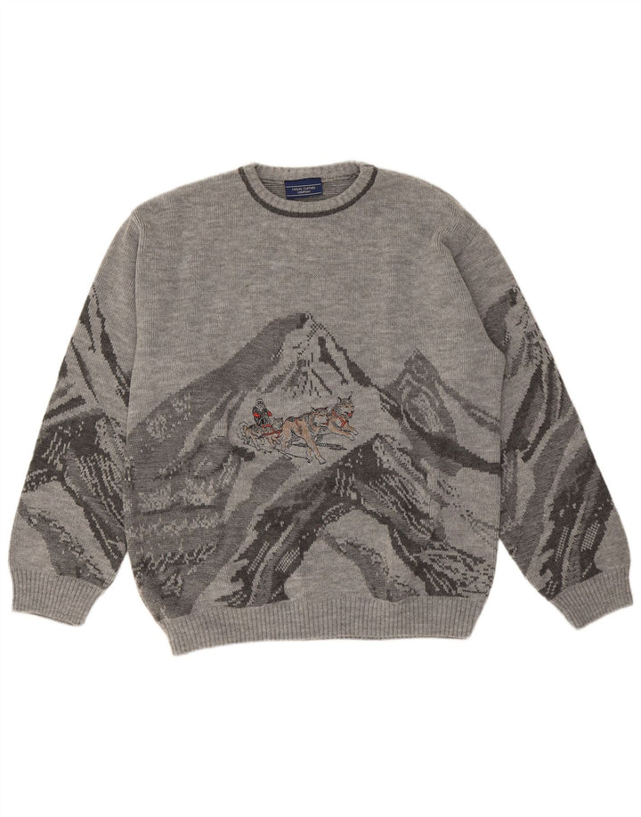 Vintage Mens Graphic Crew Neck Jumper Sweater Large Grey Polyacrylic