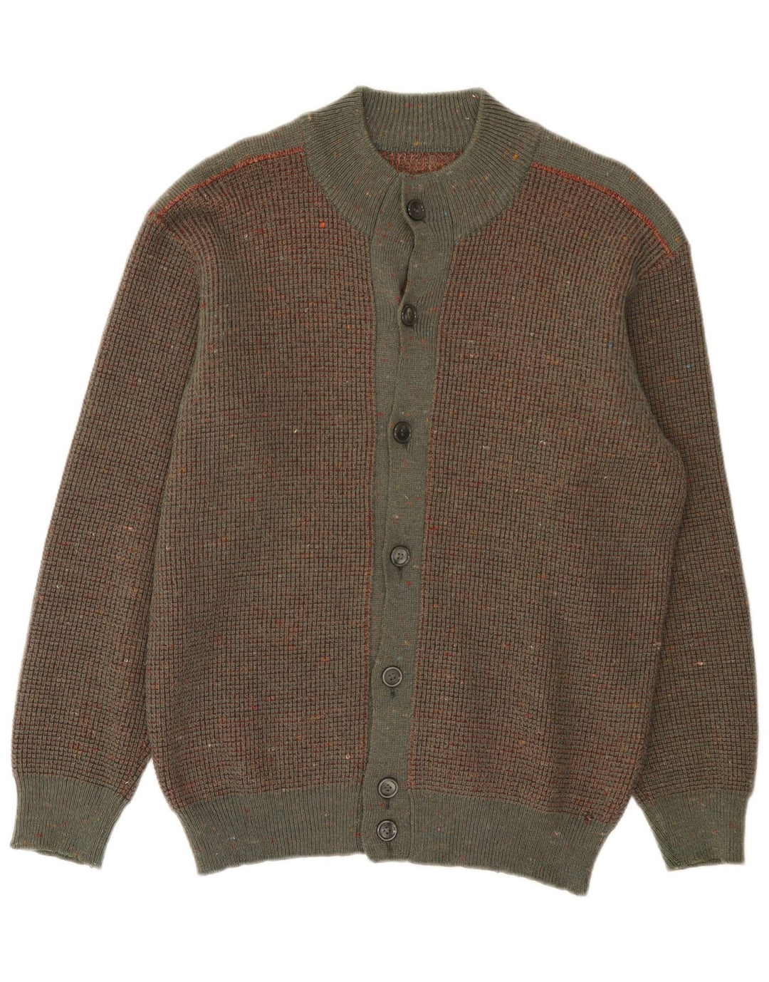 Suéter cardigã masculino vintage de lã manchada marrom médio