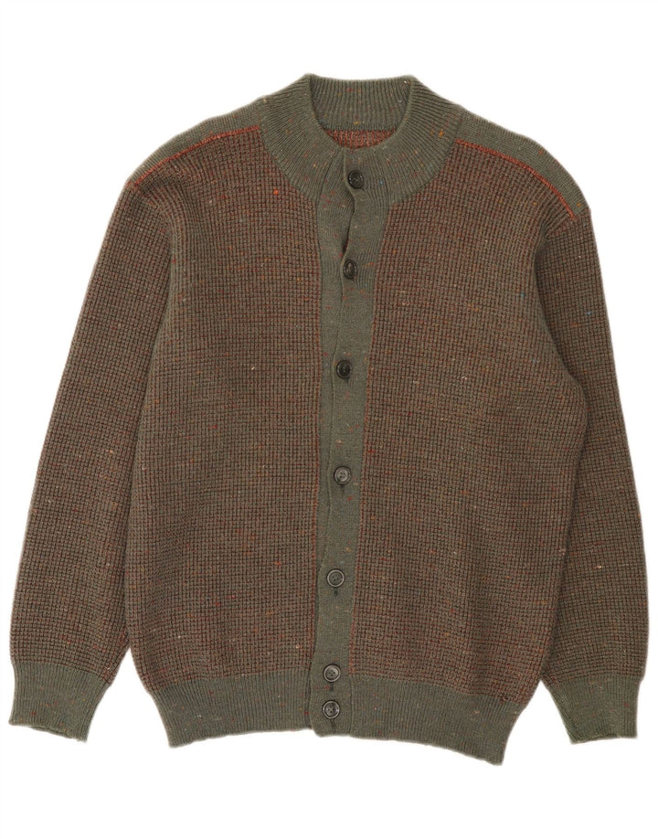 Suéter cardigã masculino vintage de lã manchada marrom médio
