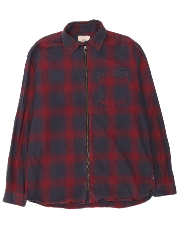 Jack & Jones Mens Full Zip Regular Fit Shirt Large Blue Plaid Cotton