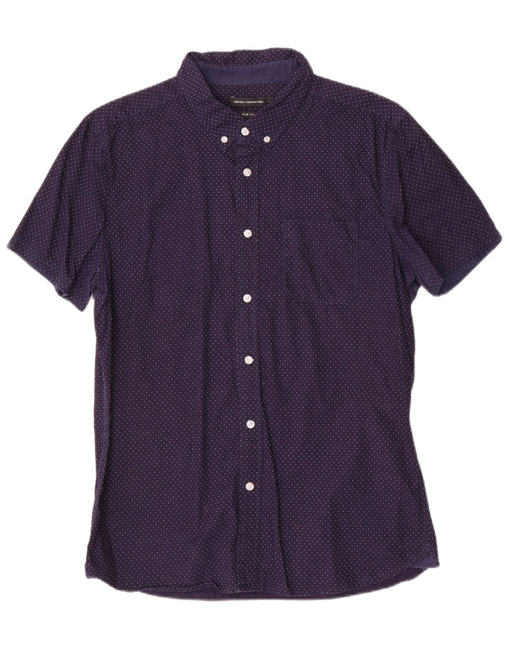 French Connection Mens Slim Fit Shirt Large Navy Blue Spotted Cotton
