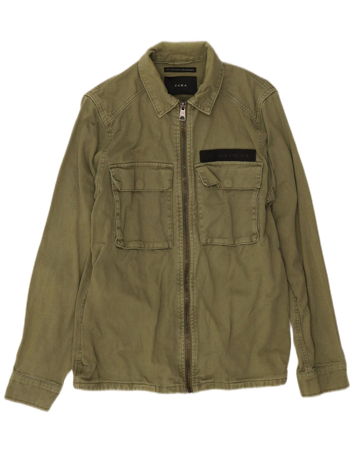 Zara Mens Bomber Jacket UK 38 Medium Green Cotton