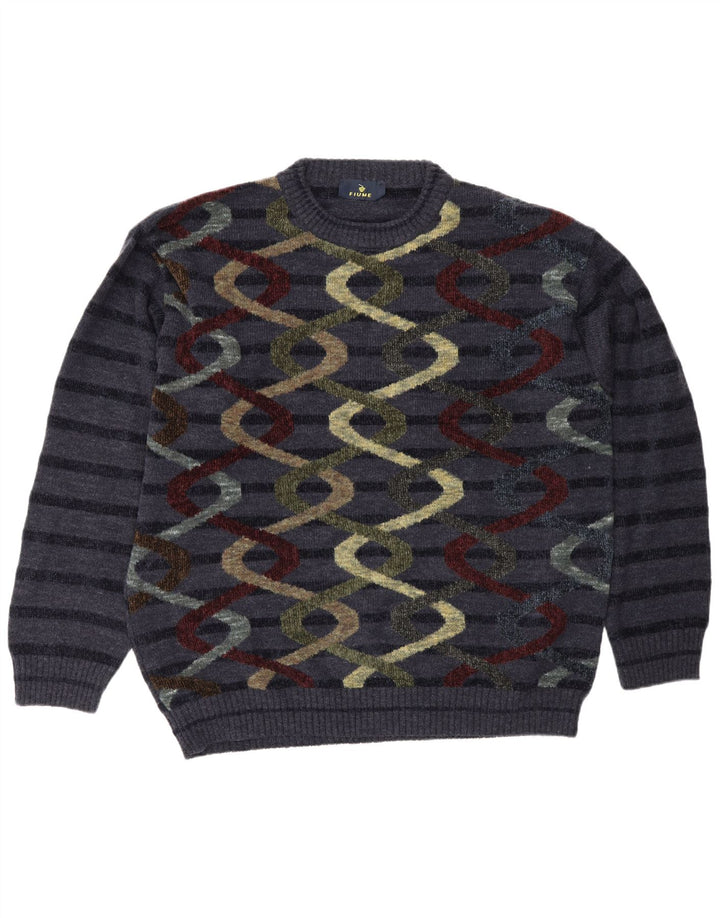 Fiume Herren-Pullover mit abstraktem Muster und Rundhalsausschnitt, XL, Marineblau gestreift