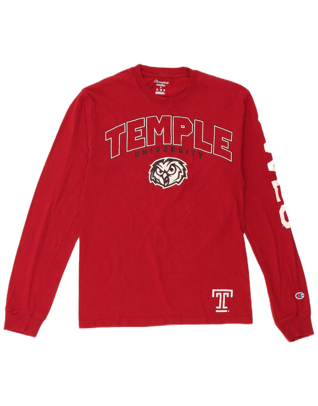 Champion Mens Temple University Graphic Top Long Sleeve Small Red Cotton