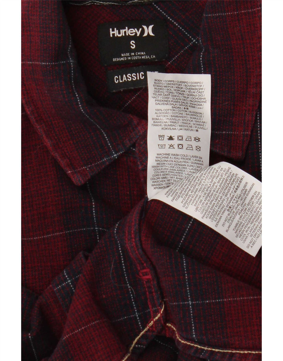 Hurley Mens Classic Fit Flannel Shirt Small Maroon Check Cotton