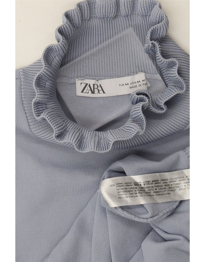 Zara Womens Crop Turtle Neck Jumper Sweater UK 12 Medium Blue Polyester