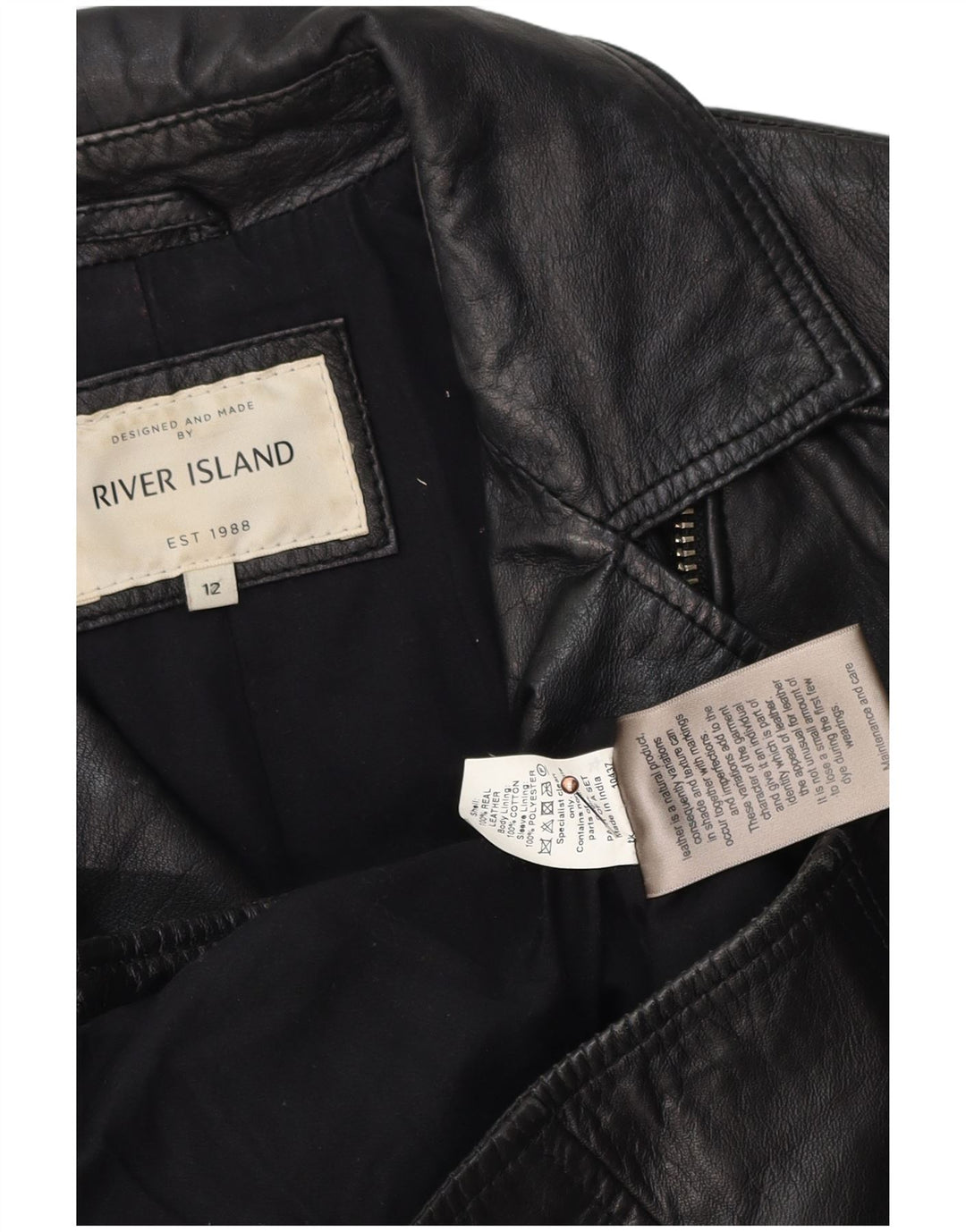 River Island Dame Læder Biker Jacket UK 12 Medium Sort