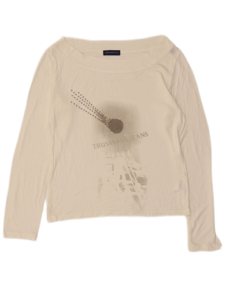 TRUSSARDI JEANS Womens Crop Graphic Top Long Sleeve UK 12 Medium White