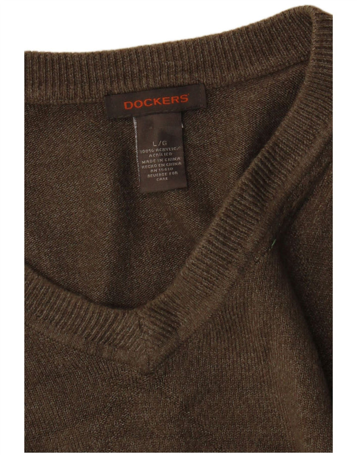 Dockers Mens V-Neck Jumper Sweater Large Brown Acrylic