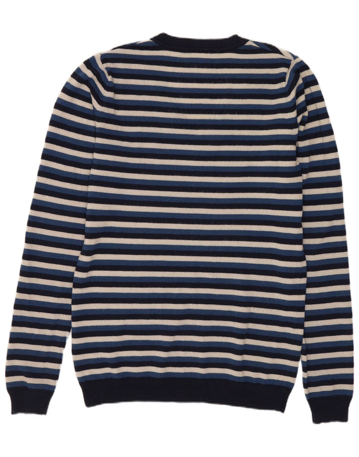 Lacoste Womens V-Neck Jumper Sweater Size 38 Medium Navy Blue Striped Wool