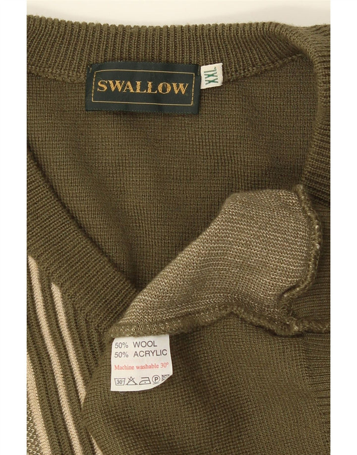 Swallow Mens V-Neck Jumper Sweater 2XL Khaki Colourblock Wool