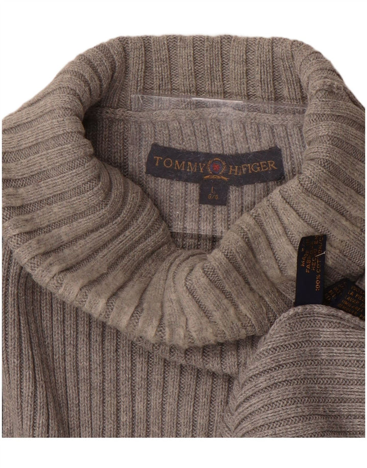TOMMY HILFIGER Mens Graphic Roll Neck Jumper Sweater Large Grey Cotton