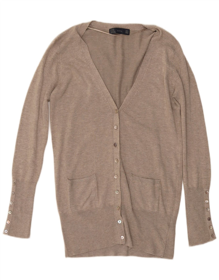 Maglione Cardigan Da Donna ZARA UK 14 Rayon Beige Medio