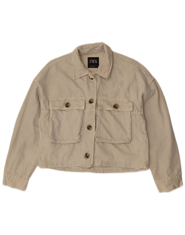 Zara Womens Crop Denim Jacket UK 10 Small Off White Bomuld