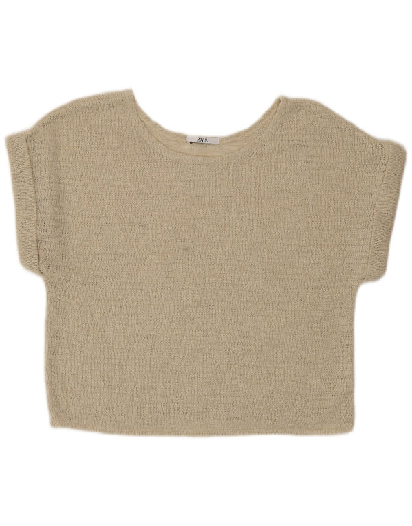Zara Damen Crop Knit Bluse Top UK 16 Large Beige