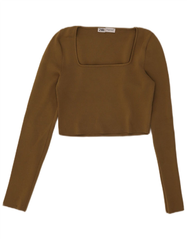 Zara Womens Crop Top Long Sleeve UK 12 Medium Khaki Polyester