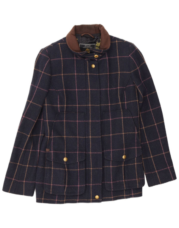 Joules Womens Bomber Jacket UK 12 Medium Navy Blue Check Wool