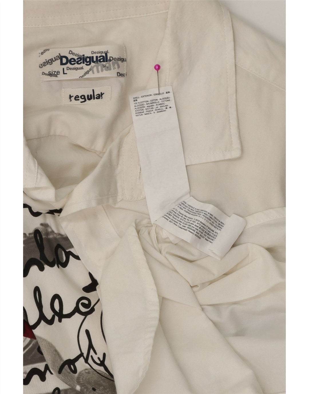 DESIGUAL Mens Graphic Regular Fit Shirt Large White Cotton