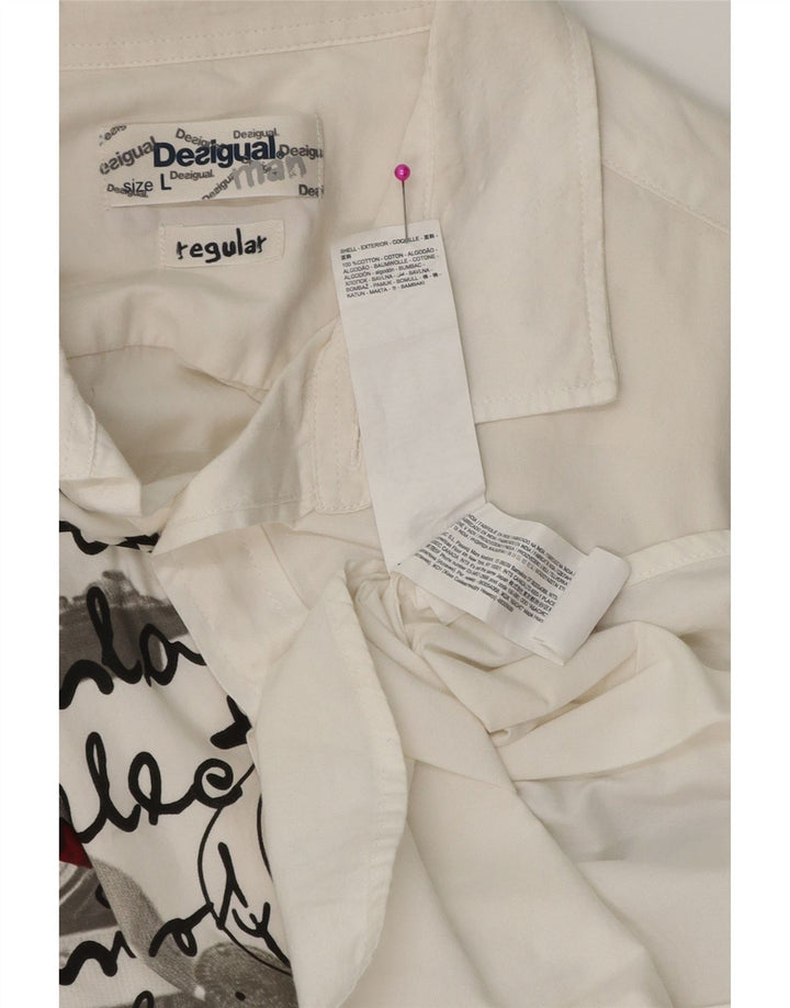 DESIGUAL Mens Graphic Regular Fit Shirt Large White Cotton