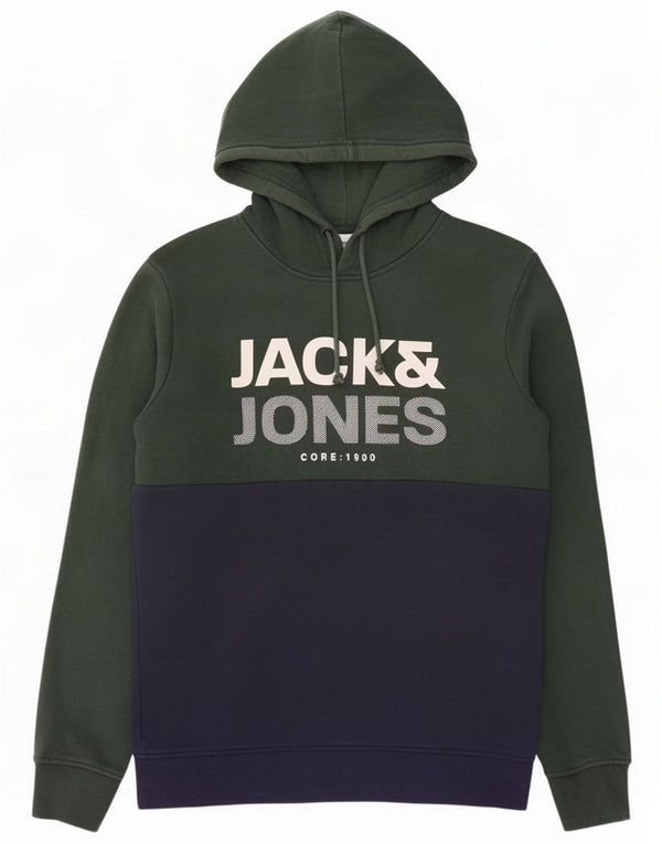Jack & Jones Mens Graphic Hoodie Jumper Medium Green Colourblock Cotton