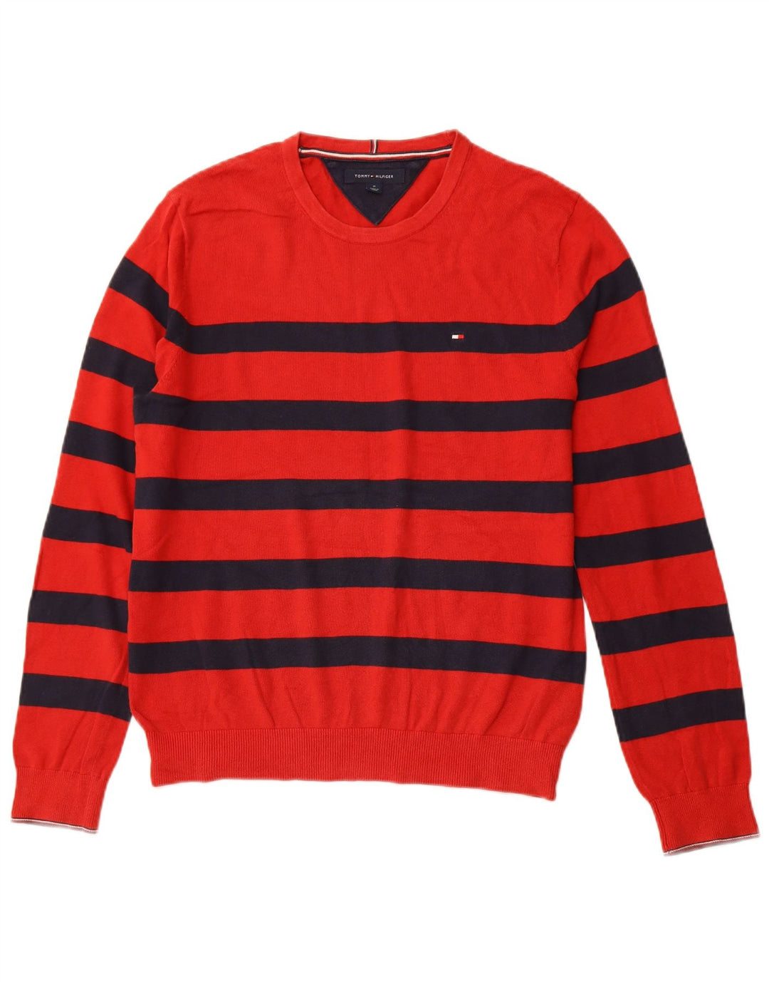 TOMMY HILFIGER Mens Crew Neck Jumper Sweater Medium Red Striped Cotton