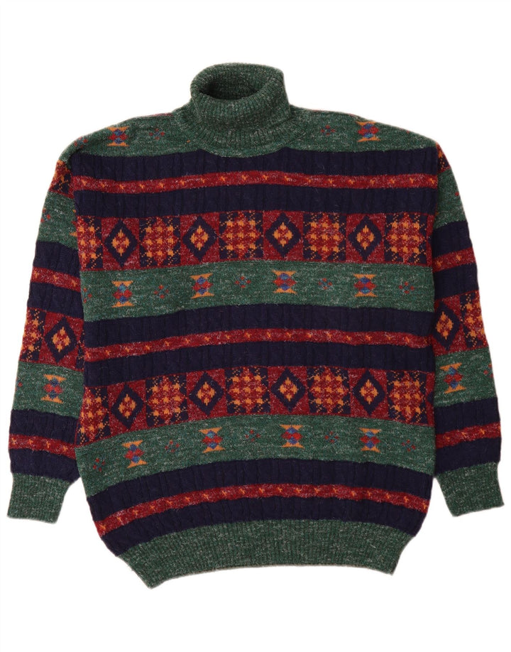 Vintage Herre rullehals sweater mellemgrøn geometrisk alpakauld