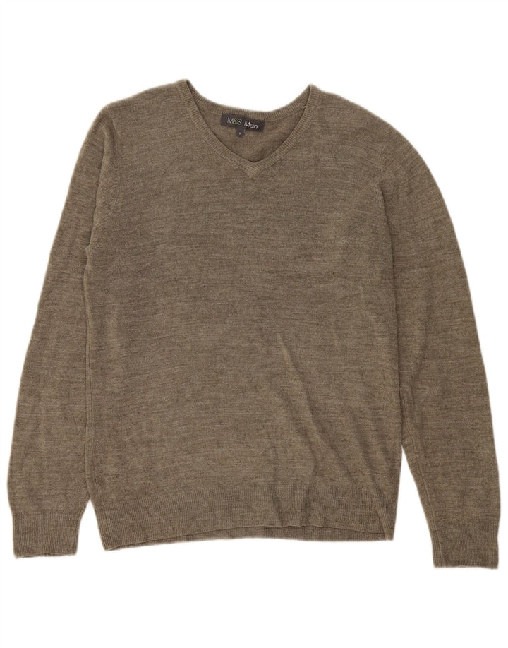 Marks & Spencer Mens V-Neck Jumper Sweater Small Khaki Flecked Acrylic