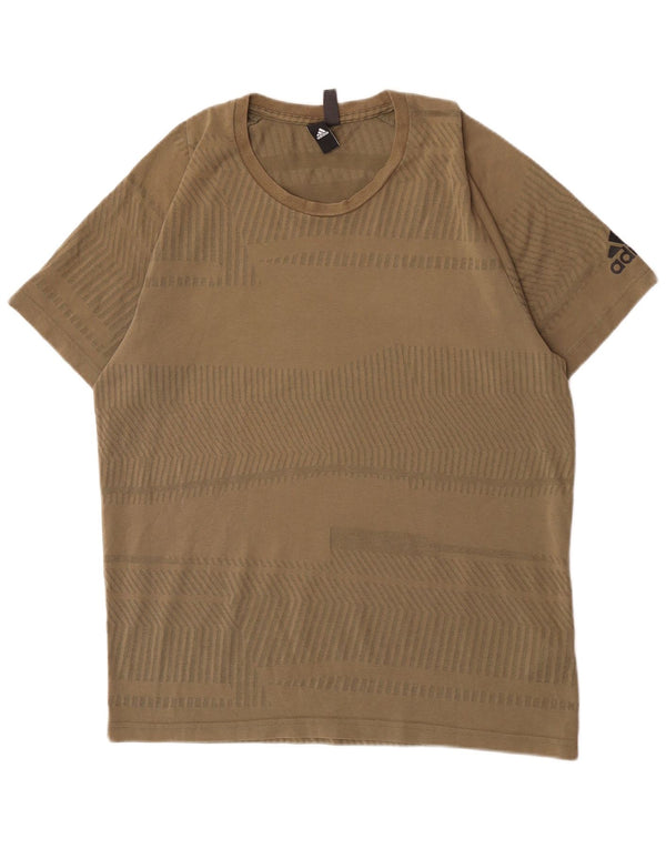 Adidas Mens T-Shirt Top Large Khaki Striped Cotton