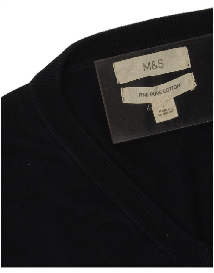Suéter masculino MARKS & SPENCER com decote em V grande algodão azul marinho