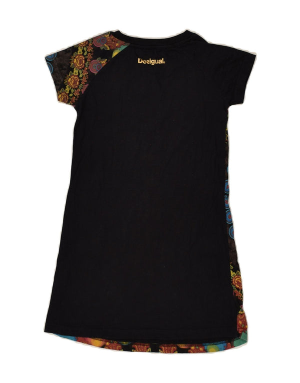 DESIGUAL Mädchen-T-Shirt-Kleid mit Grafik, 7–8 Jahre, schwarze Baumwolle mit Blumenmuster