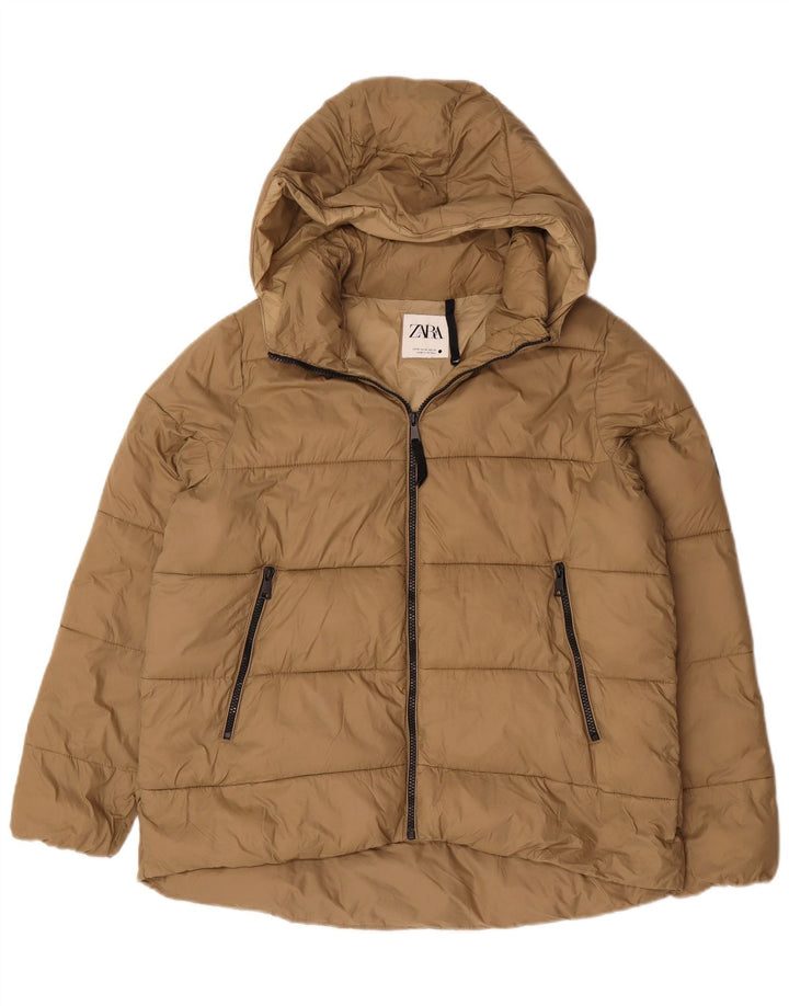 Zara Dame Hætte Oversized Polstret Jakke UK 14 Medium Beige Nylon