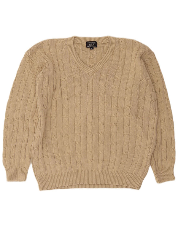 Rifle Mens V-Neck Jumper Sweater Large Beige Cotton