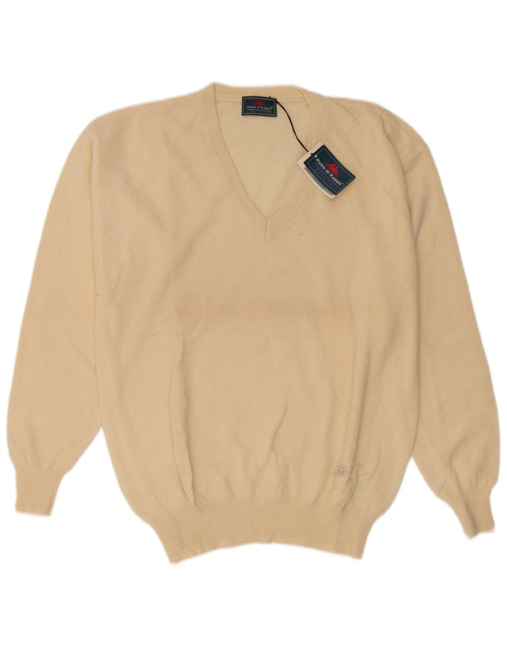 Kappa Mens V-Neck Jumper Sweater Large Beige Wool