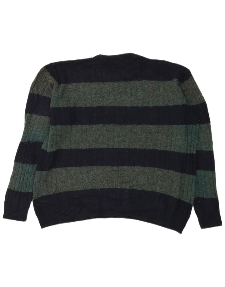 Marks & Spencer Mens Crew Neck Jumper Sweater XL Green Striped Wool
