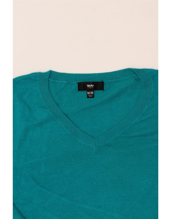 MOSSIMO Womens 3/4 Sleeve V-Neck Jumper Sweater UK 14 Medium Blue Nylon Vintage Mossimo and Second-Hand Mossimo from Messina Hembry 