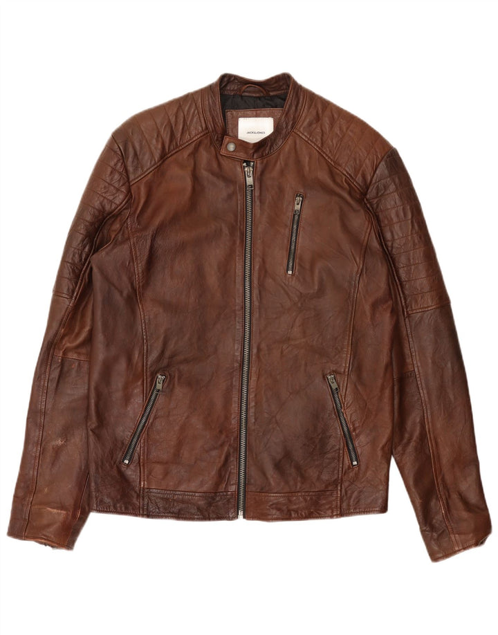 Jack & Jones Mens Leather Biker Jacket UK 40 Large Brown Leather
